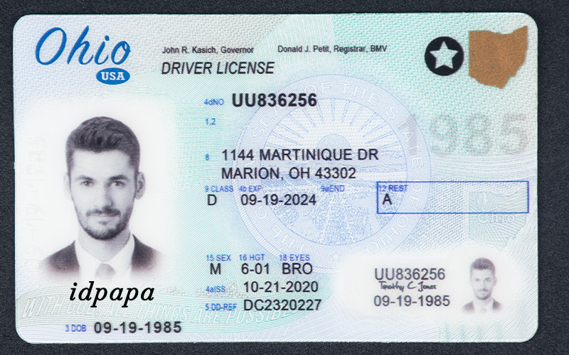 Novelty Ohio driver's license with a man’s photo, Houston address, and idpapa branding in the lower left corner